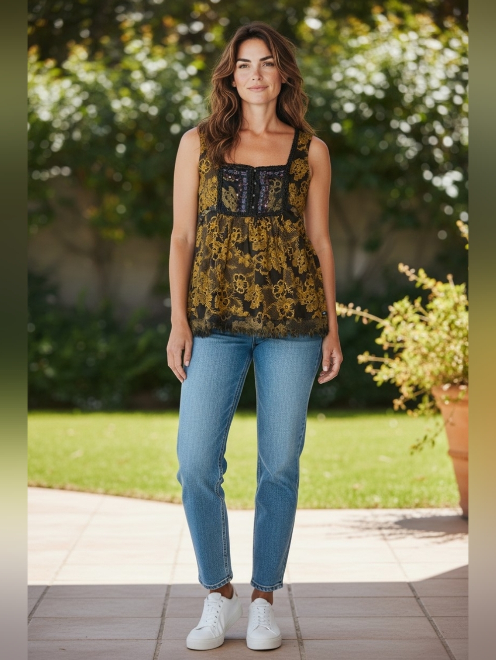 CRUEL GIRL Women’s Floral Lace-Trim Tank Top in Olive